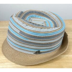 Landshark Margaritaville Fedora Hat Mens Tan Blue Stripe Toyo Straw Summer Beach